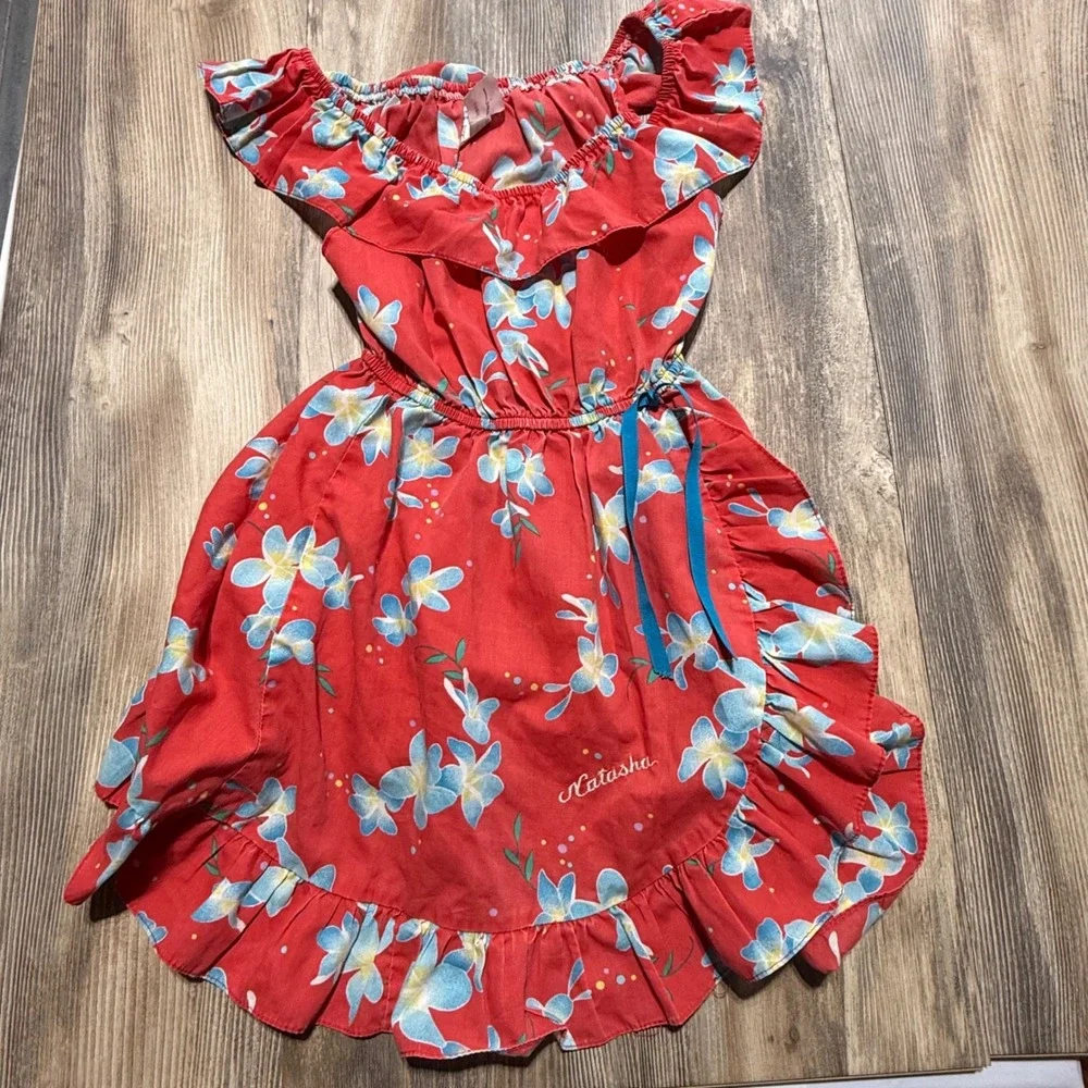 Vintage Malumi Hawaii Kids Red Floral Tropical Ruffle Dress Vintage 80s 90s